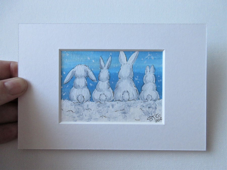 ACEO Snow Bunny Miniature Painting Winter Rabbit Scene in Blue and White Mounted