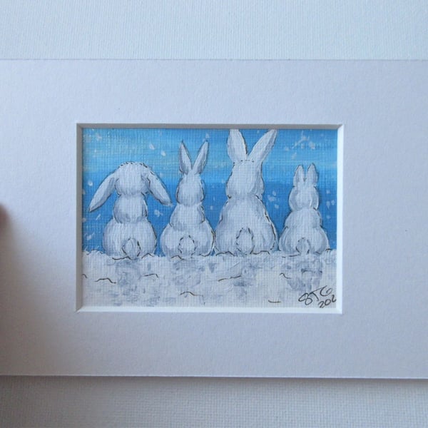 ACEO Snow Bunny Miniature Painting Winter Rabbit Scene in Blue and White Mounted