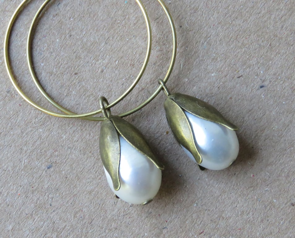 Earrings Freshwater Pearl Drops Bronze Caps on Hypoalergenic Brass hoops
