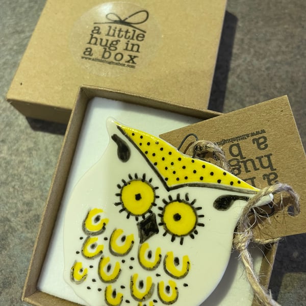 A little hug in a box yellow owl porcelain gift 