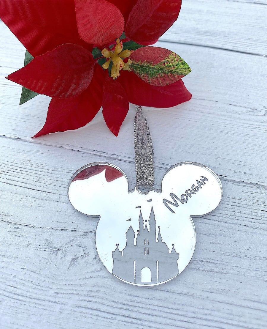 Personalised Christmas Tree Decoration, Mouse Decoration, Silver Mirrored Bauble
