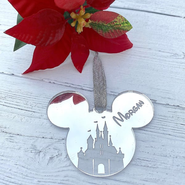 Personalised Christmas Tree Decoration, Mouse Decoration, Silver Mirrored Bauble
