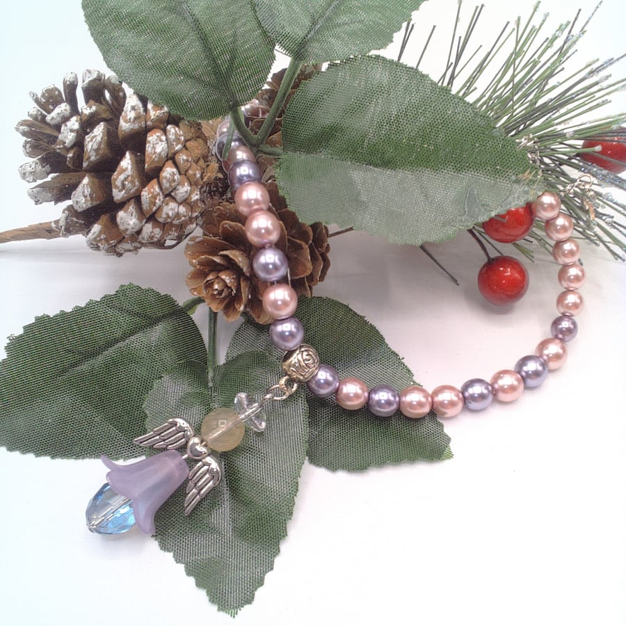 Lilac Pearl and Chain Necklace With a Christmas Angel Pendant, Secret Santa