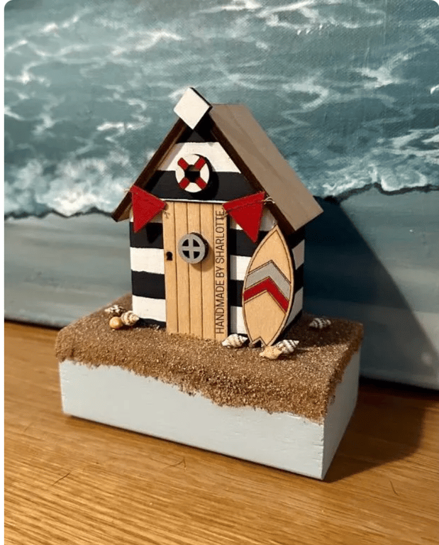 Handmade Wooden Blue Beach Hut Ornament with Sand and Seashells