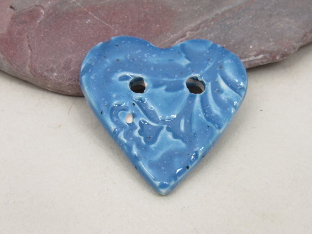 SECONDS Medium Cornflower Blue Brocade Texture Heart Shaped Ceramic Button