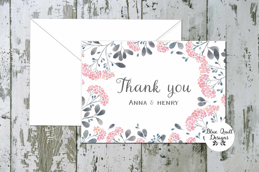 Wedding Thank You Cards - Serenity Floral Border - pack of 10 - personalised