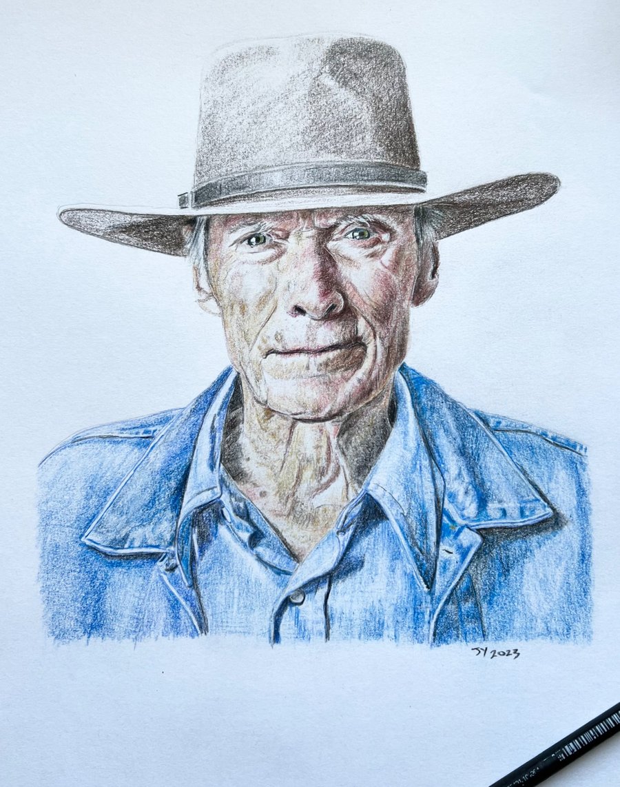 Framed original A3 portrait of Clint Eastwood