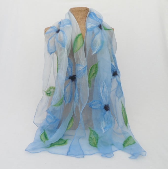 Silk chiffon scarf, nuno felted, blue with flow... - Folksy