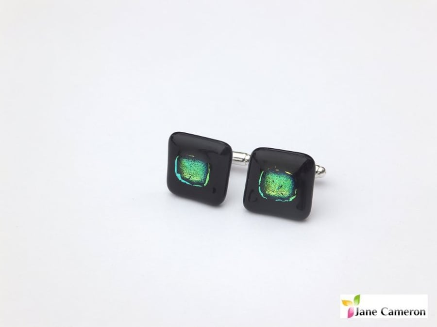 Dragon Eye Cufflinks - Fused Glass - Black Green Dichroic Square 2cm