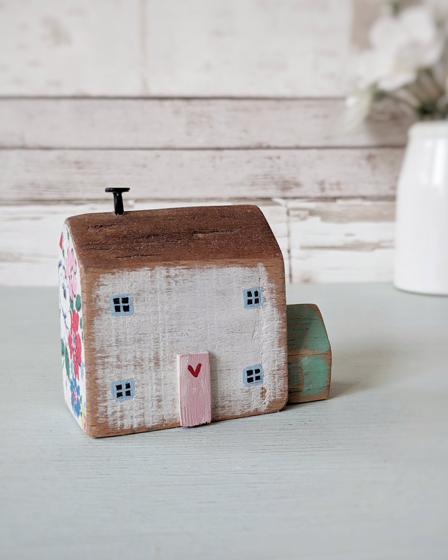 Little Handmade Painted Wooden House with Teeny Side Shed