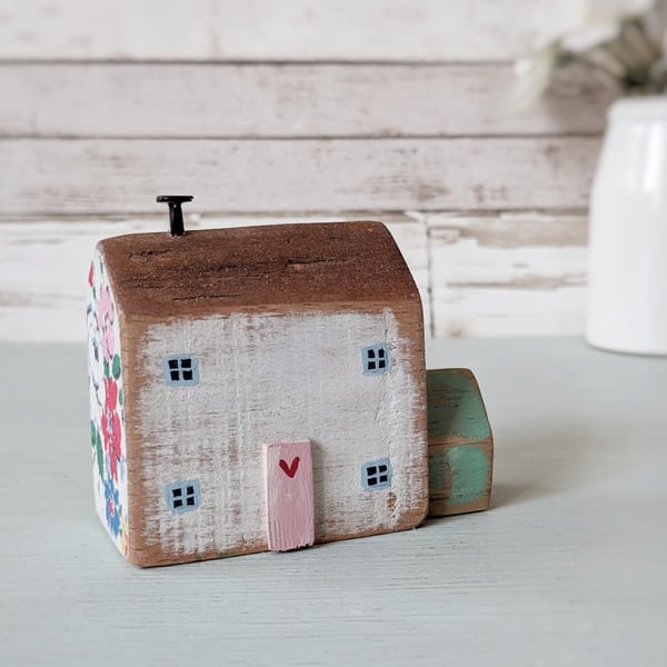 Little Handmade Painted Wooden House with Teeny Side Shed
