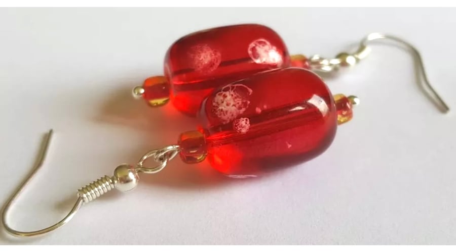 Red Bubble Gum Glass Beaded Earrings