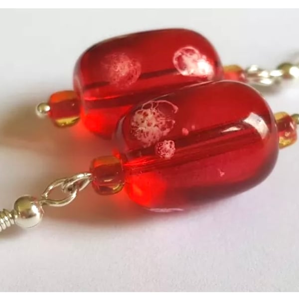 Red Bubble Gum Glass Beaded Earrings