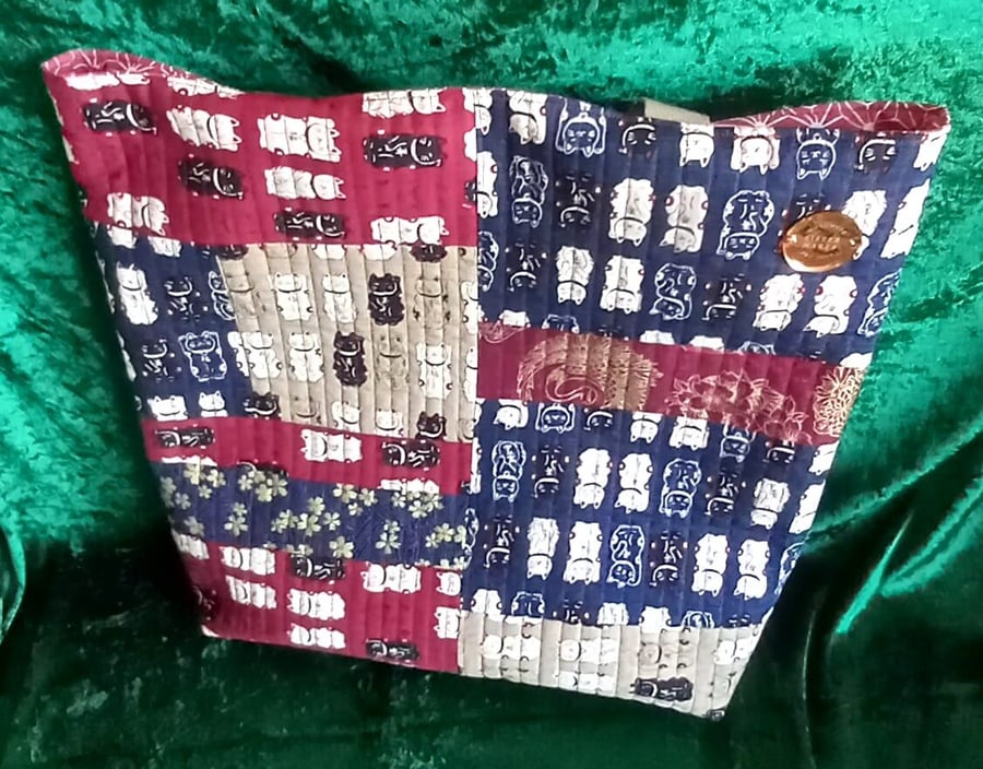 Lucky Cat Patchwork Quilted Tote Bag