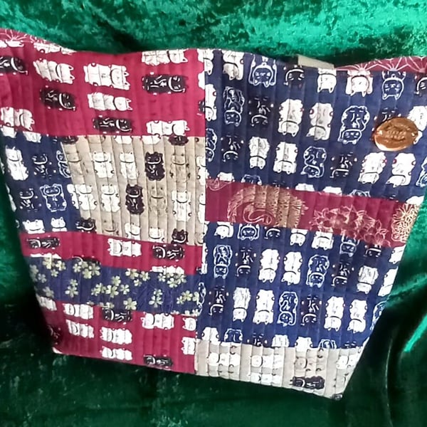 Lucky Cat Patchwork Quilted Tote Bag