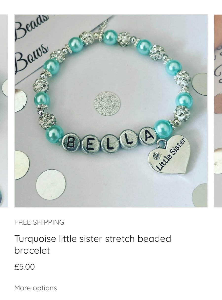 Little sister turquoise stretch beaded shamballa bracelet gift personalised 