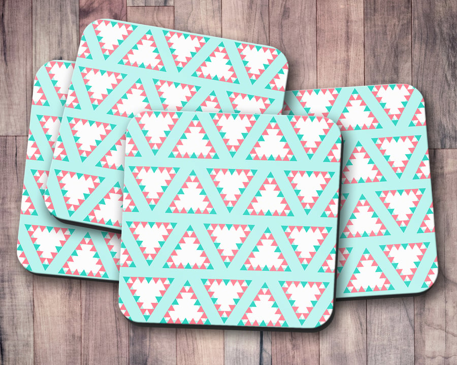 Set of 4 Blue with Pink and White Triangles Design Coasters
