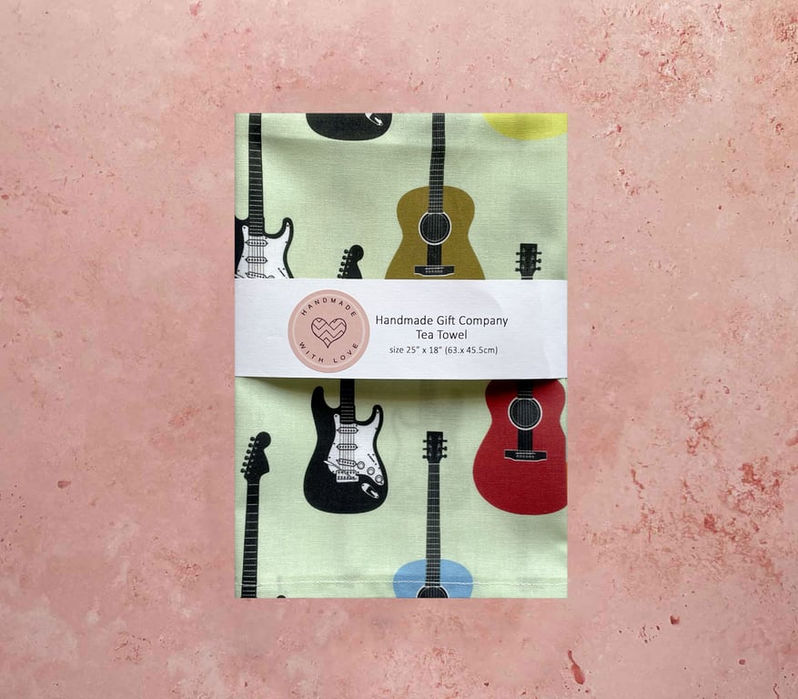 Fabric Handmade Pretty Cotton Tea Towel with a Coloured Guitar Design.