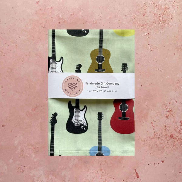 Fabric Handmade Pretty Cotton Tea Towel with a Coloured Guitar Design.