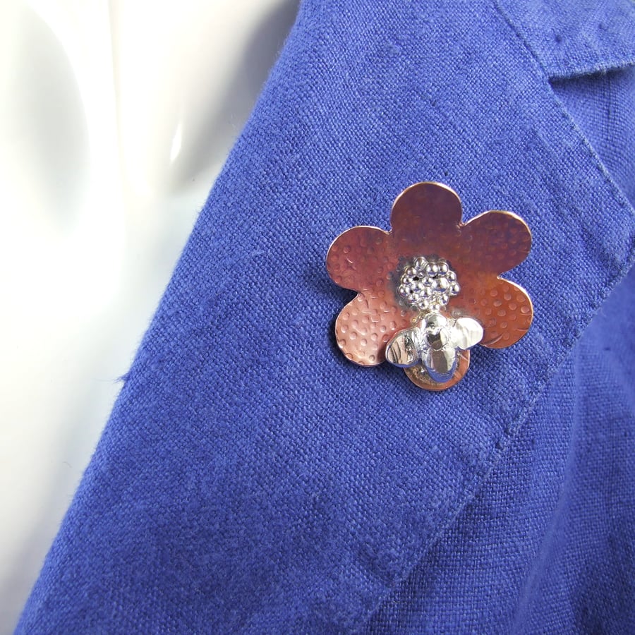 Flower Brooch. Sterling Silver and Copper Flower with Bee Brooch