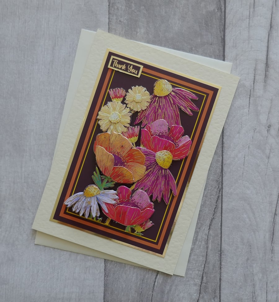 Retro Radiance - Bright Decoupage Flowers - Thank You Card
