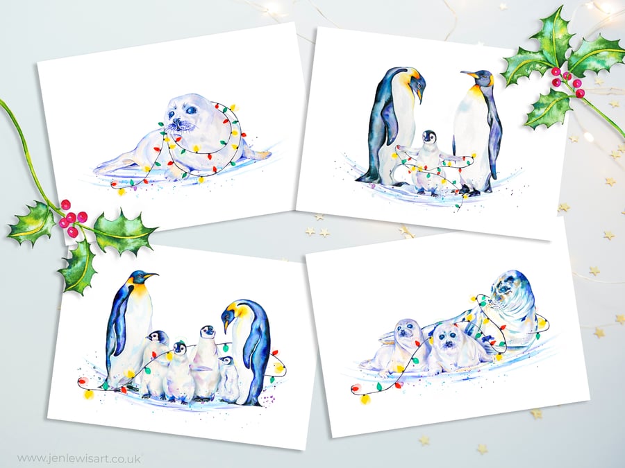 Polar Christmas Cards, fun penguins and seals, set of 4