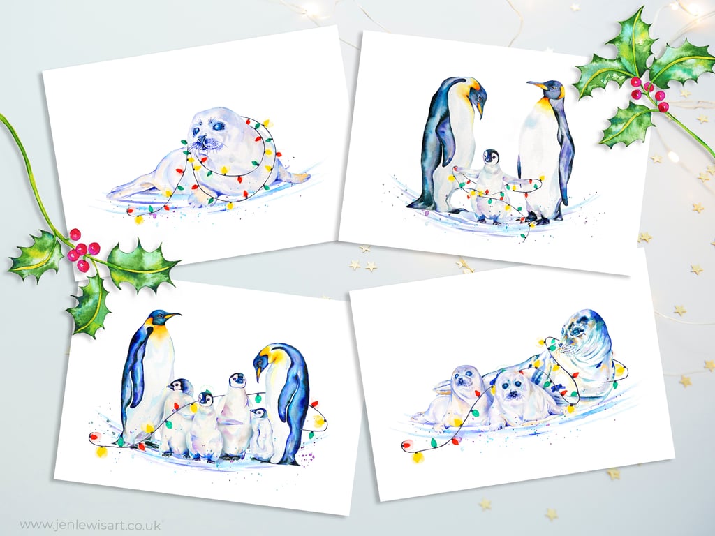 Polar Christmas Cards, fun penguins and seals, set of 4
