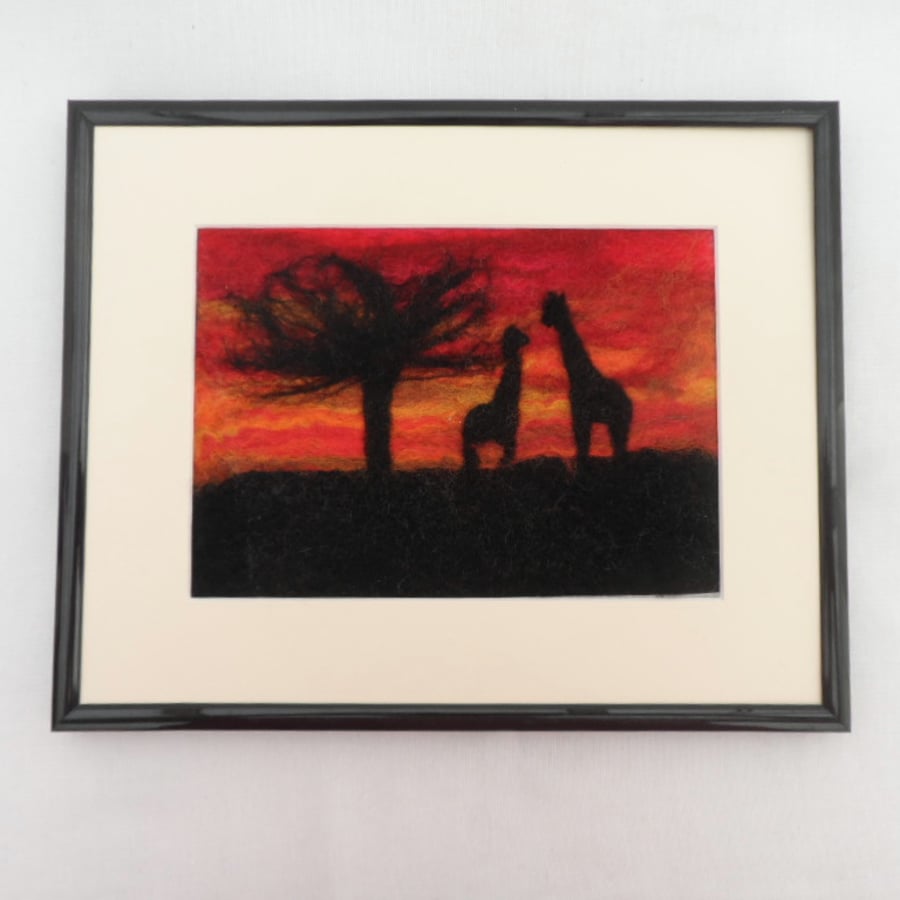 Felted Picture "Giraffes in Sunset"