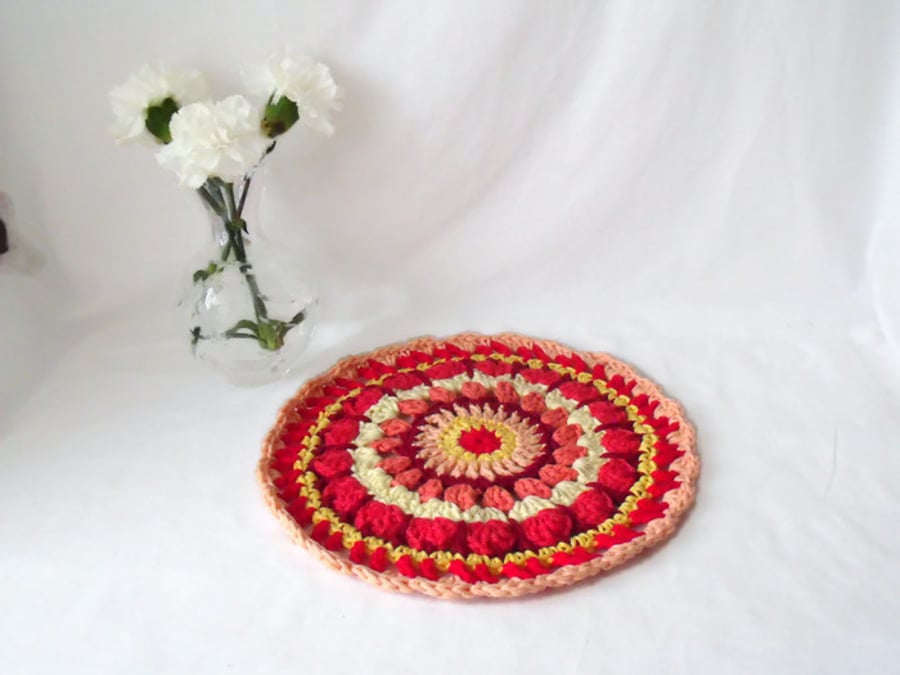 vibrant crocheted cotton doily, bright crochet table centrepiece mandala