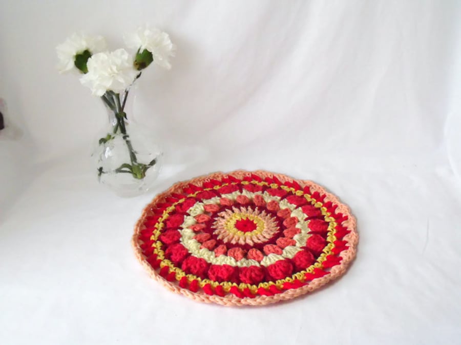 vibrant crocheted cotton doily, bright crochet table centrepiece mandala