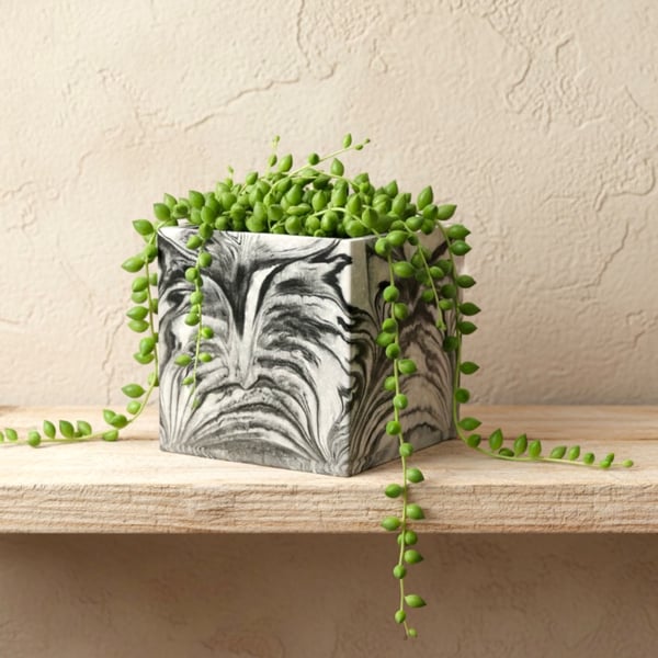Plant Pot Cube - Unique White with Black Marbling Square Planter