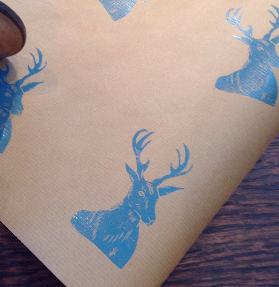 Hand printed stag wrapping paper