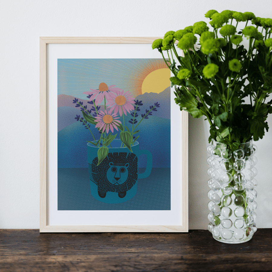Art Print Lion Lavender Flowers A4