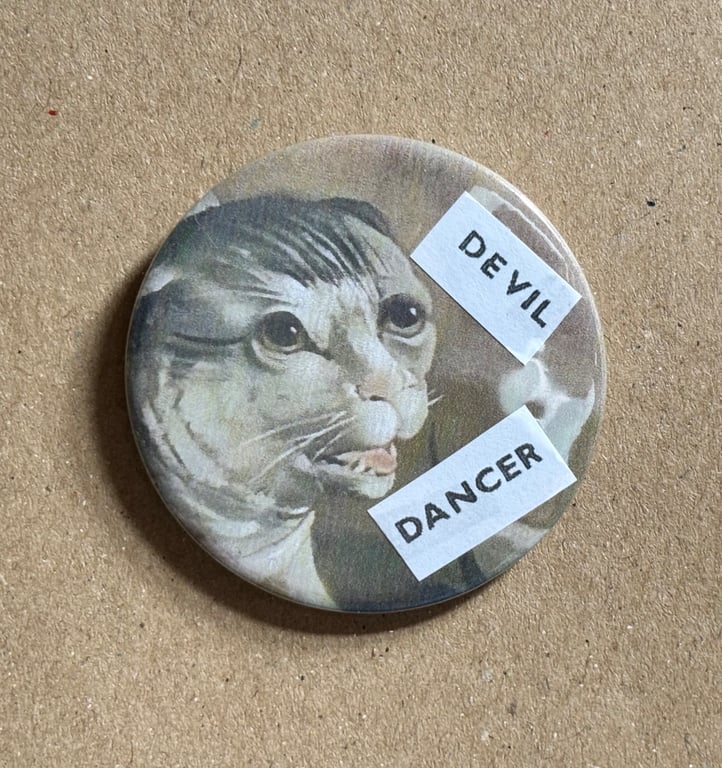 Collage pin badge - medieval cat meme - devil dancer