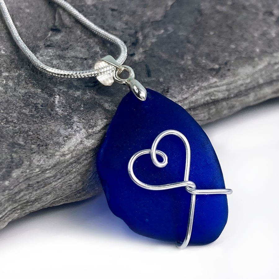 Sea Glass Pendant - Blue Heart Necklace. Scottish Silver Wire Wrapped Jewellery