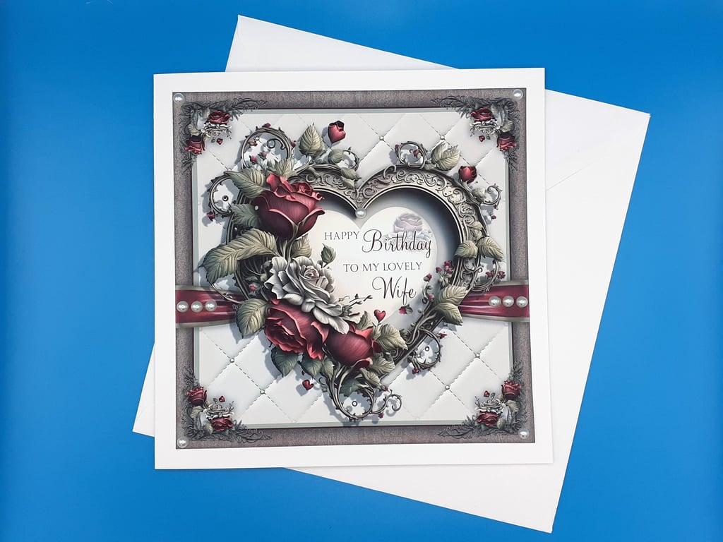 Birthday Card, For Wife, 8x8inches, 20x20cms, Handmade, Decoupage