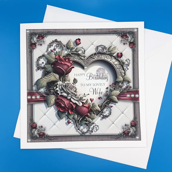 Birthday Card, For Wife, 8x8inches, 20x20cms, Handmade, Decoupage