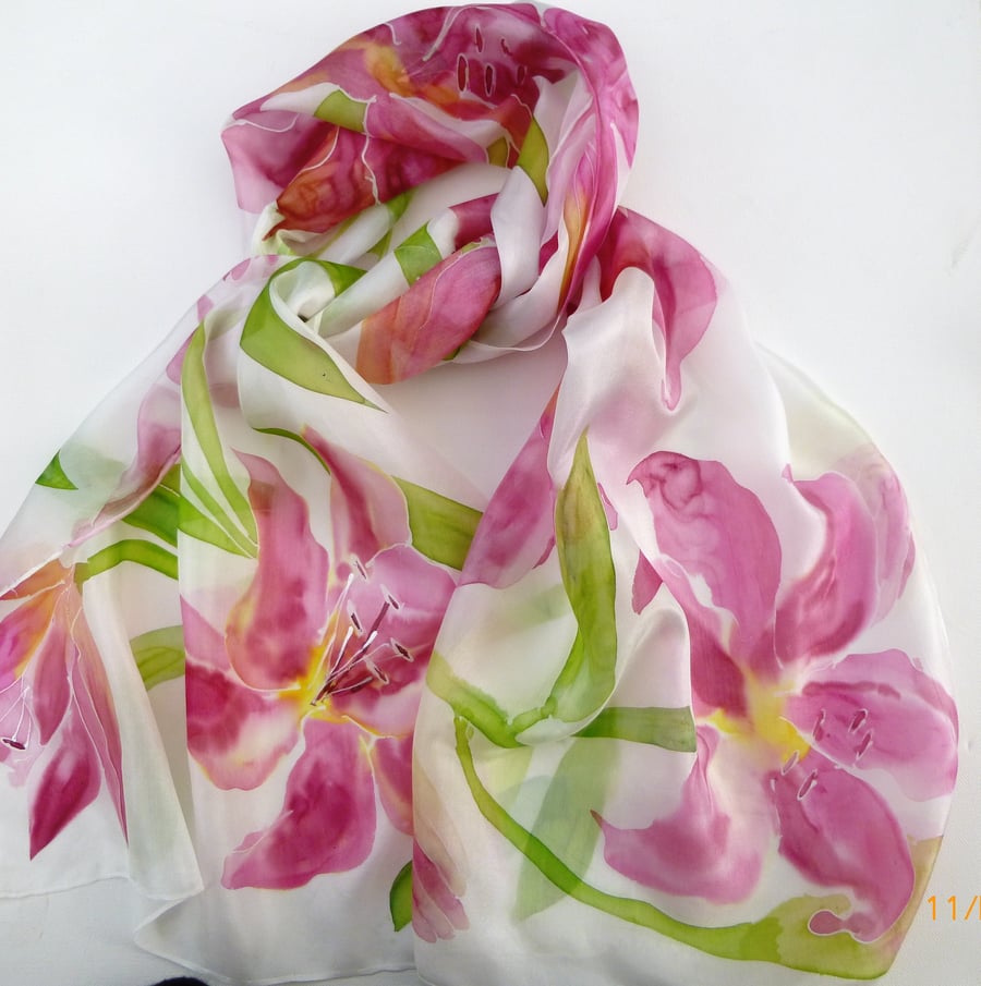Hand Painted Pink Lily silk scarf