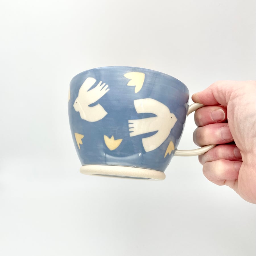 Handmade Mug Tea Coffee Blue White Birds Birthday Thank You Pottery Gift
