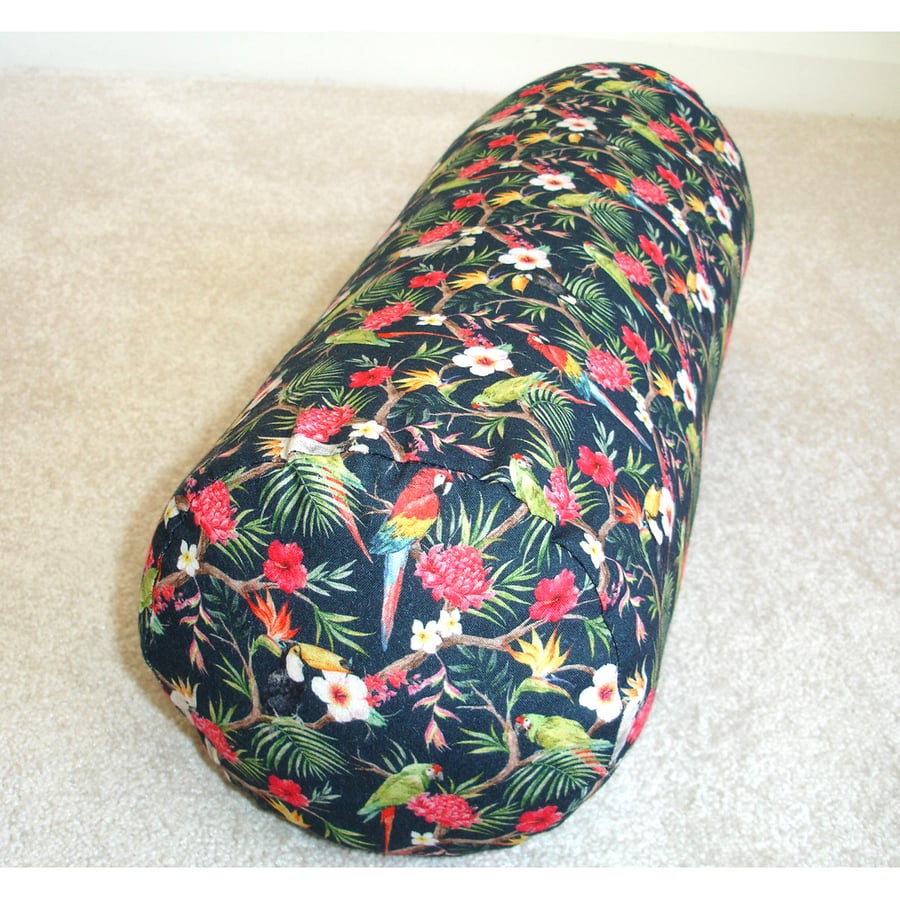 Bolster Cushion Cover 16"x6" Tropical Birds Black Parrot Round