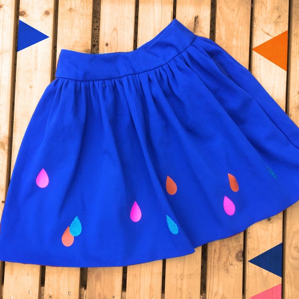 Blue Women's Skirt- Raindrops pattern- handmade Royal Blue Ladies clothing