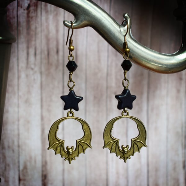 Bronze Bat and Black Star Earrings