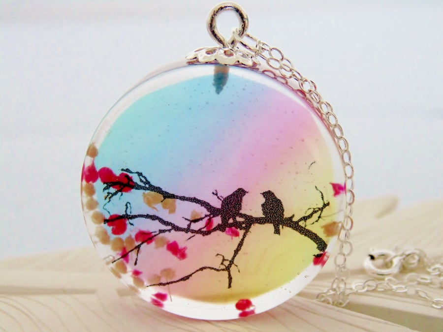 Love Birds Necklace, Birds on Branch, Bird Necklace, Spring Blossom Necklace