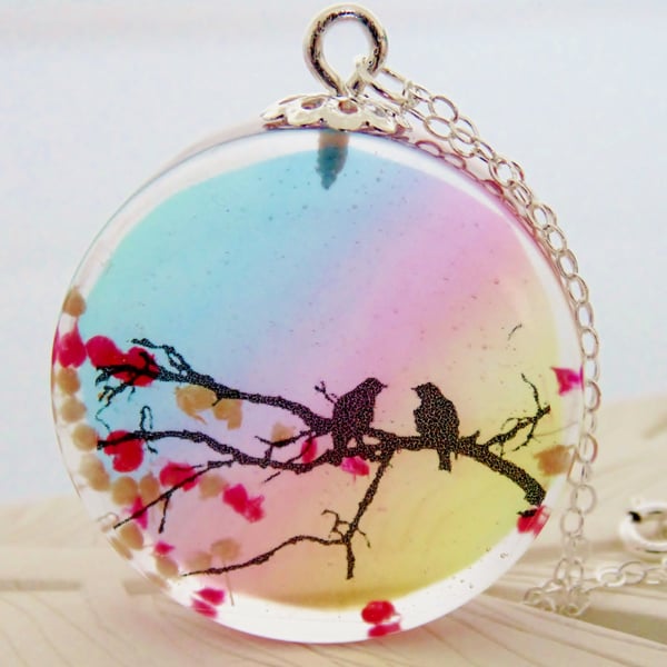 Love Birds Necklace, Birds on Branch, Bird Necklace, Spring Blossom Necklace