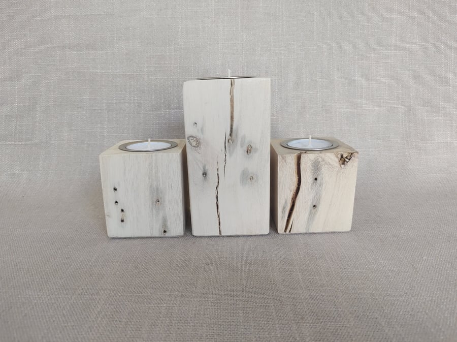 Whitewash Reclaimed Wood Rustic Tealight Holder Set Upcycled Pallet Wood Candles