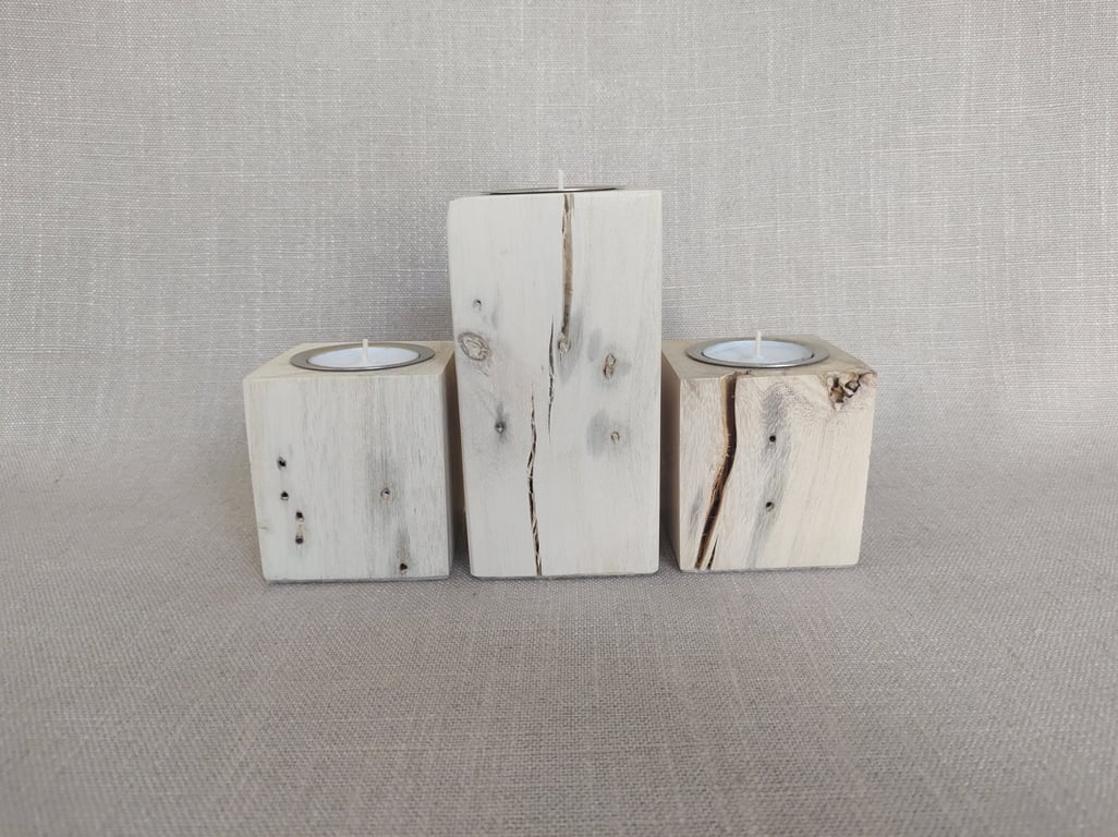 Whitewash Reclaimed Wood Rustic Tealight Holder Set Upcycled Pallet Wood Candles
