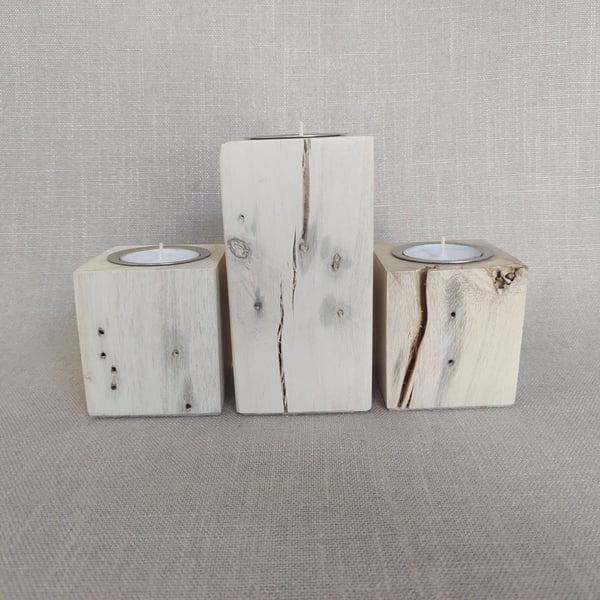 Whitewash Reclaimed Wood Rustic Tealight Holder Set Upcycled Pallet Wood Candles