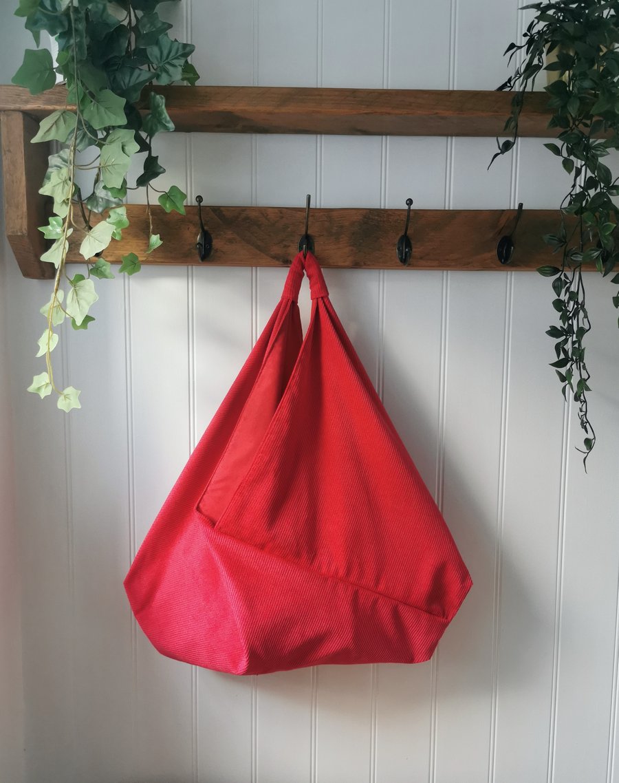 Bright Red Cotton Corduroy Slouchy Origami Bag with Matching Red Lining