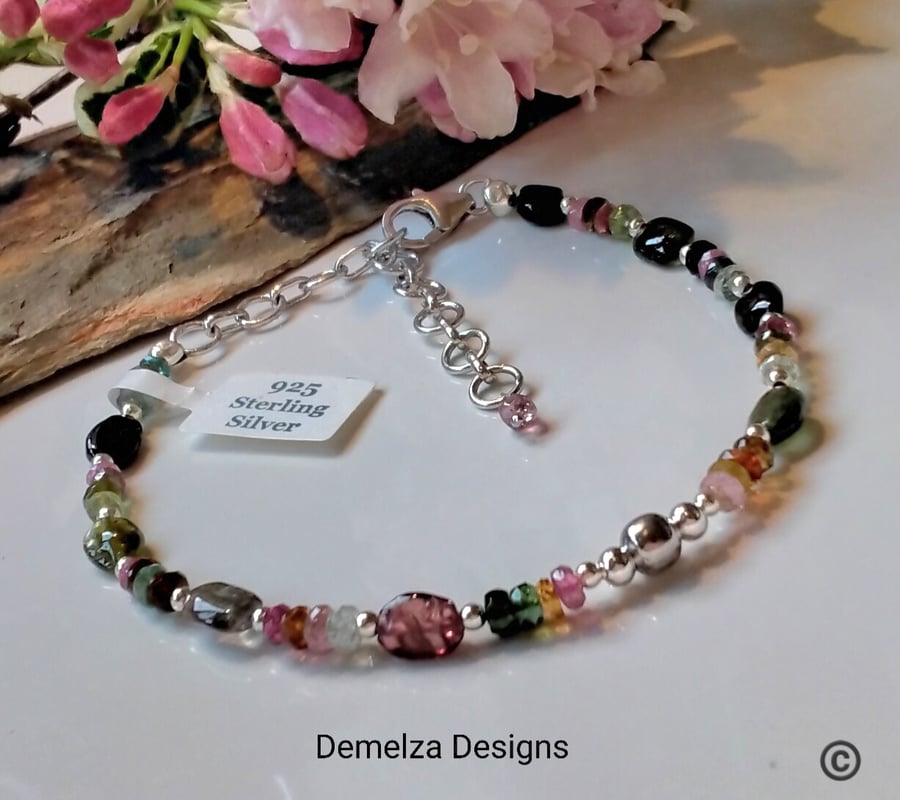 Dainty,  Watermelon Tourmaline Sterling Silver Bracelet ONE OFF