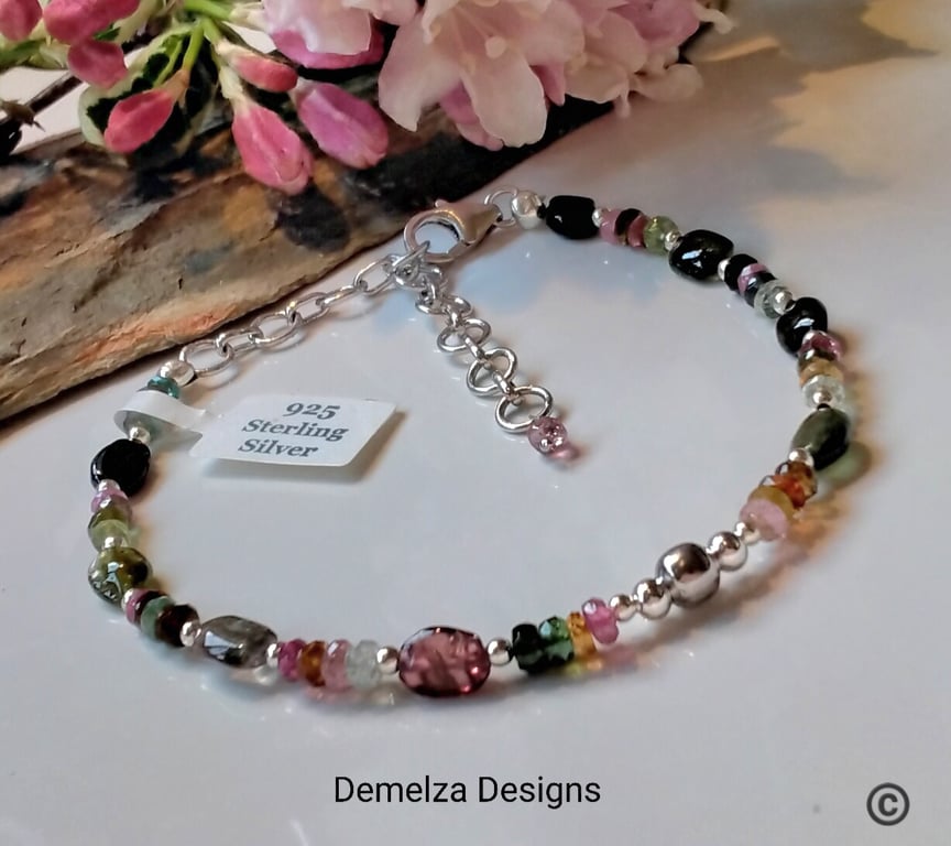 Dainty,  Watermelon Tourmaline Sterling Silver Bracelet ONE OFF